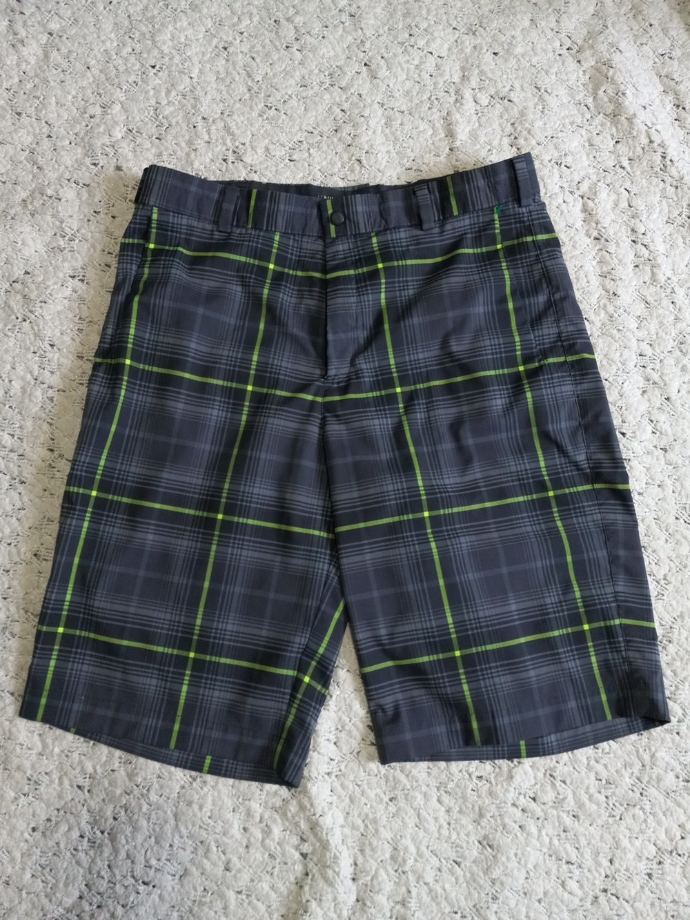 Nike Men's Plaid Golf Performance Shorts - Gray with Lime Accents Size 32